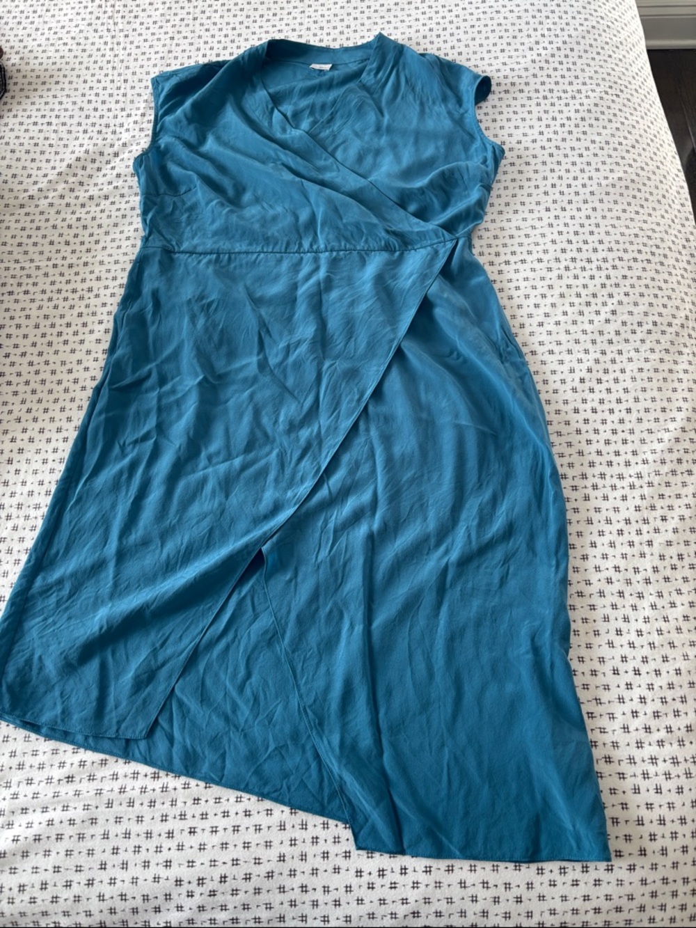 Iris & Ink silk Teal Wrap-Style Dress, asymmetrical hem, cap sleeves, size 14